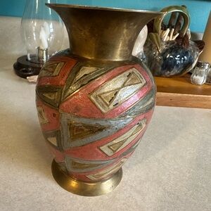 Artistic India Brass Vase with Pink and Gold Geometric Design.